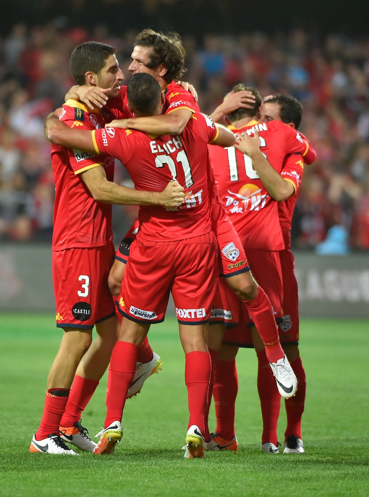 United players celebrate after winning the A-League Grand Final between Adelaide United and the Western Sydney Wanderers at Adelaide Oval in Adelaide, Sunday, May 1, 2016. (AAP Image/David Mariuz) NO ARCHIVING, EDITORIAL USE ONLY