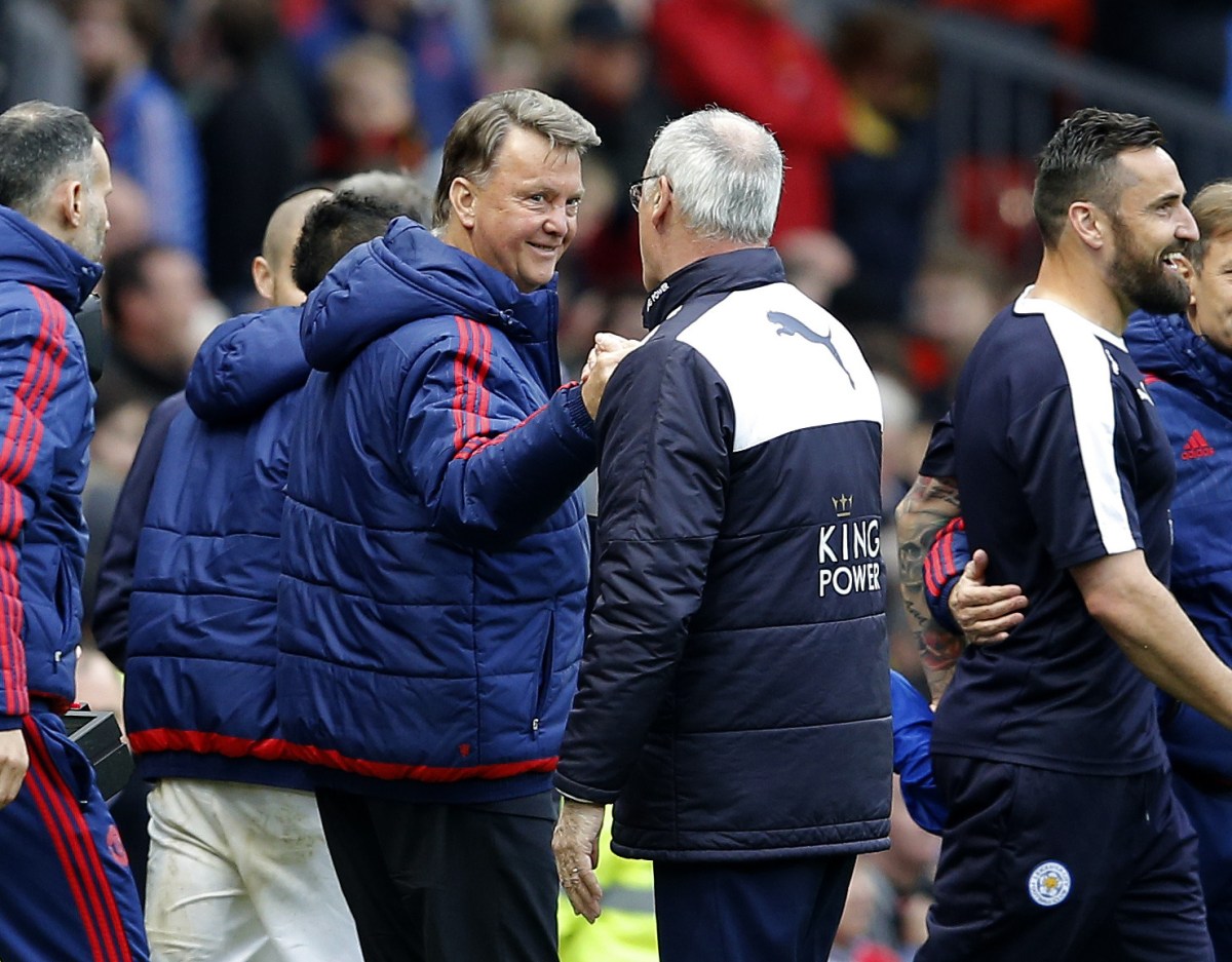 Louis van Gaal manager of Manchester United smiles as he shakes hands with Claudio Ranieri manager of Leicester City during the Barclays Premier League match at the Old Trafford Stadium. Photo credit should read: Simon Bellis/Sportimage via PA Images - Newcastle Utd vs Tottenham - St James' Park Stadium - Newcastle Upon Tyne - England - 19th April 2015 - Picture Phil Oldham/Sportimage.