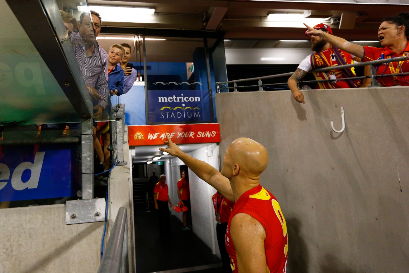 Suns captain Gary Ablett remonstrates with angry fans after Gold Coast's weekend loss to Melbourne. Photo: Jason O'Brien, AAP.