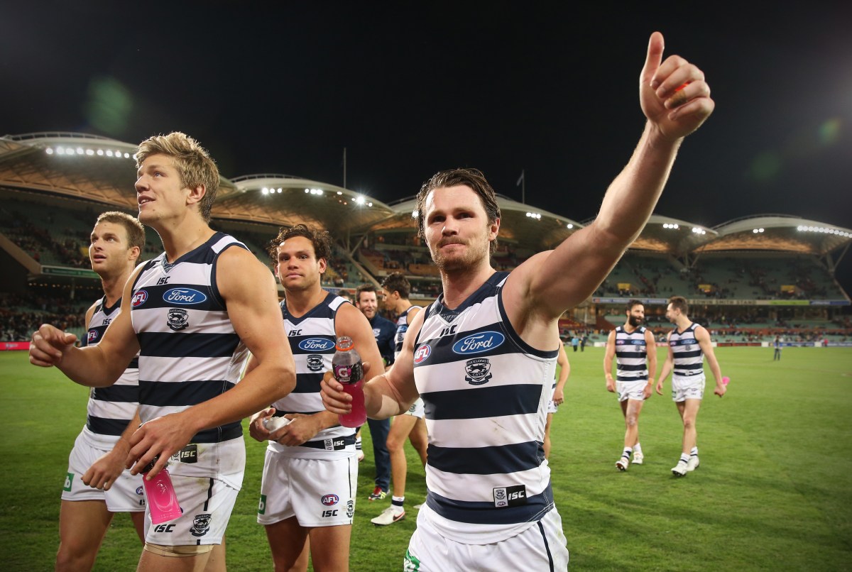 Patrick Dangerfield of the Cats acknowledges his supporters in the crowd after his team defeated the Crows during the Round eight AFL match between the Adelaide Crows and the Geelong Cats at the Adelaide Oval in Adelaide, Friday, May 13, 2016 (AAP Image/Ben Macmahon) NO ARCHIVING, EDITORIAL USE ONLY