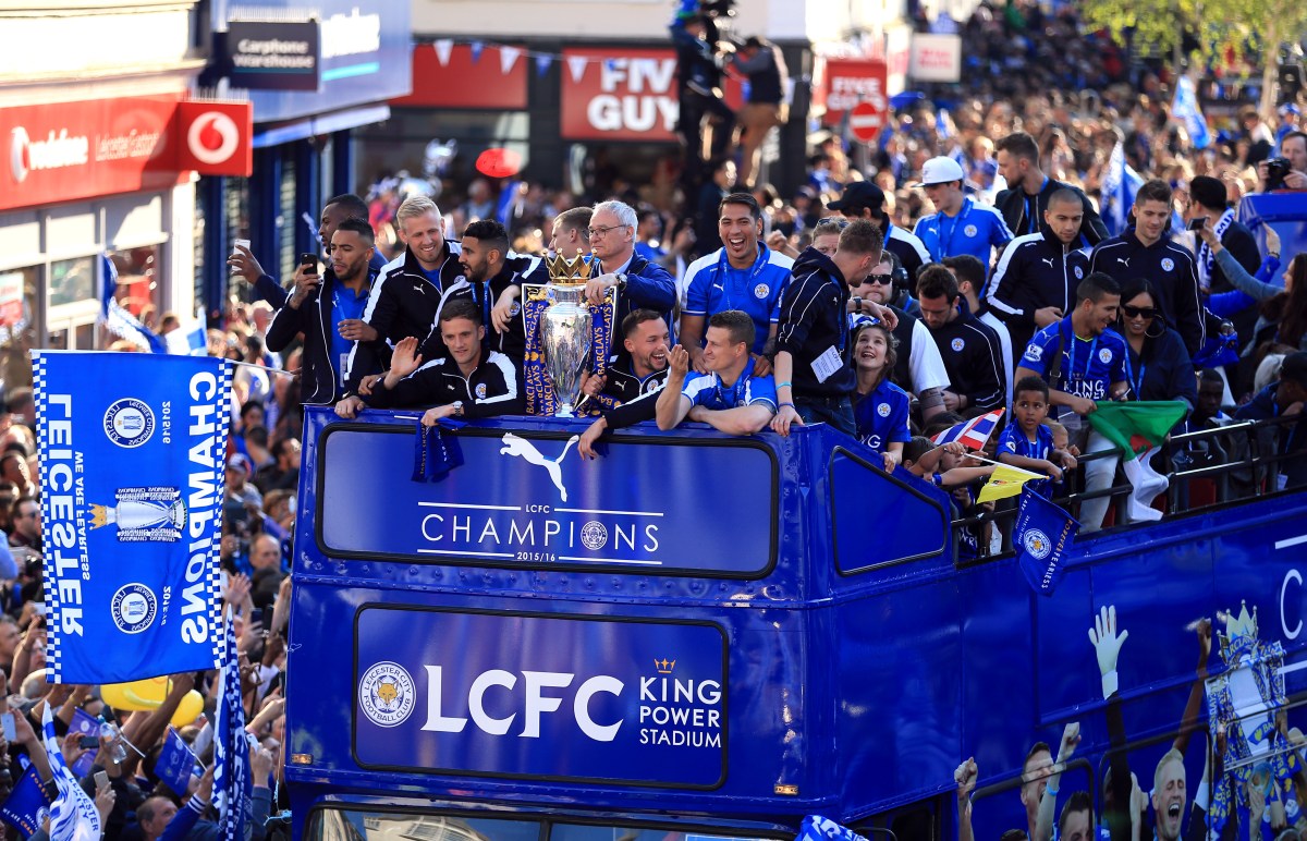 Leicester City's team on the bus during the parade through Leicester City Centre. Photo: Nigel French, PA Wire