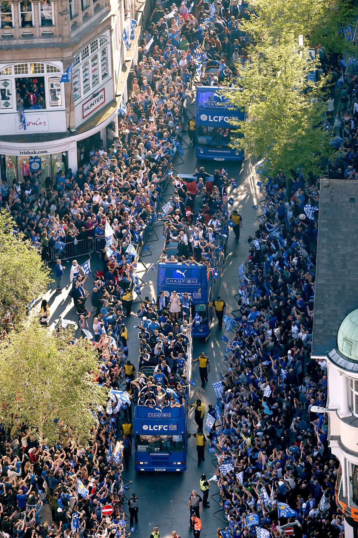 An aerial view of the Leicester City open top bus parade through Leicester City Centre.. Picture date: Monday May 16, 2016. See PA story SOCCER Leicester. Photo credit should read: Joe Giddens/PA Wire