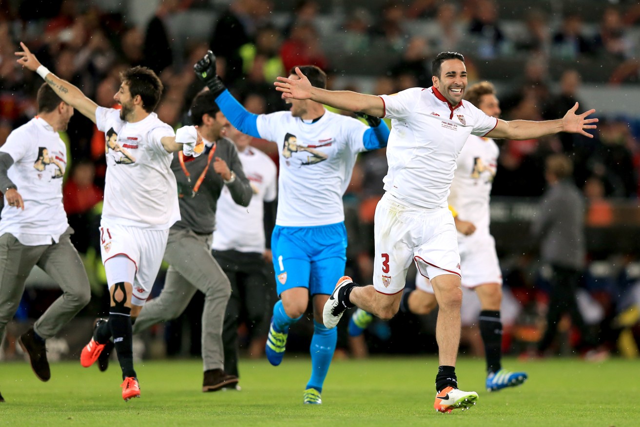 Sevilla's Adil Rami celebrates winning the Europa League final after the final whistle. Photo: Adam Davy, PA Wire. 