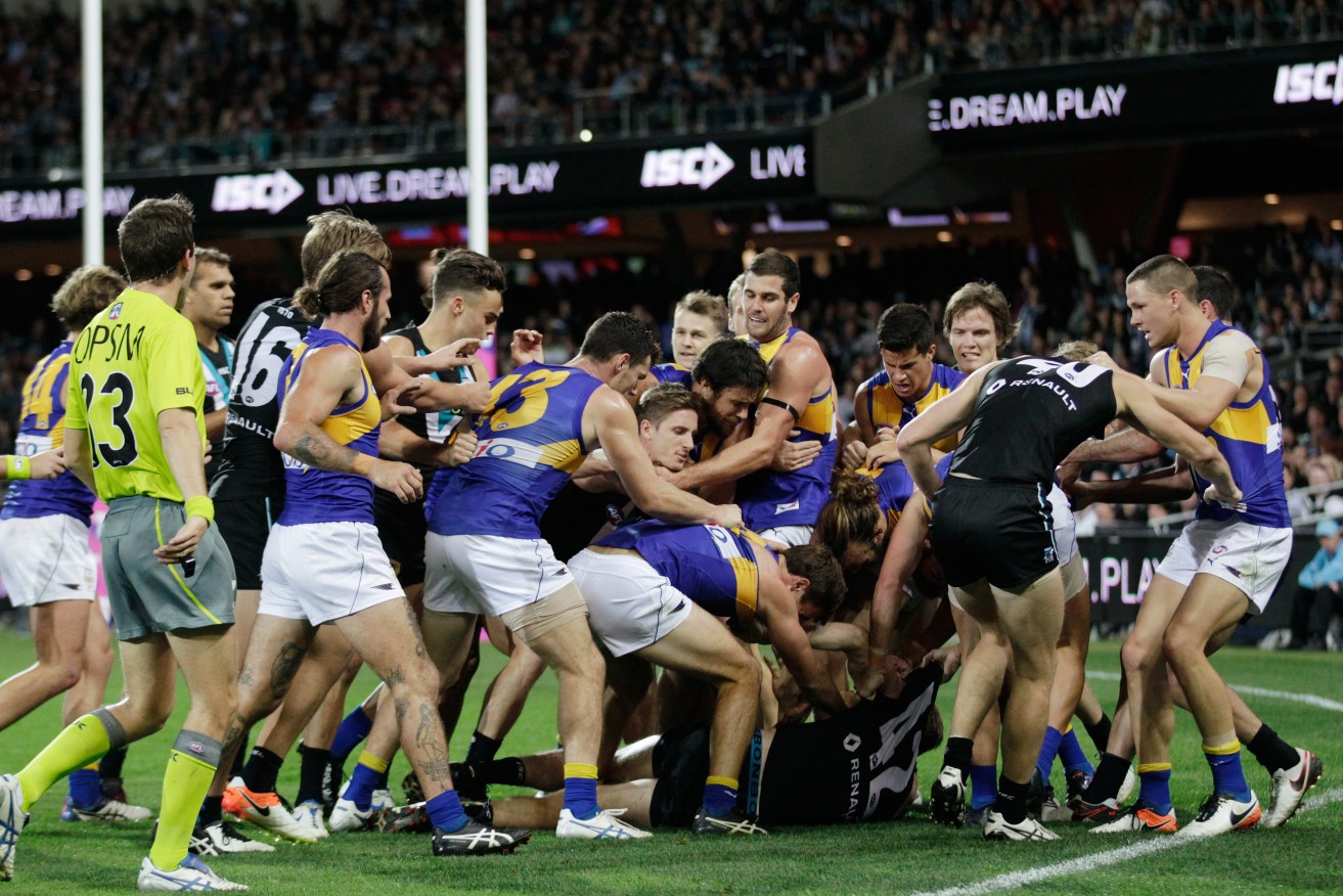 Tensions flare between Eagles and Power players after Tom Jonas's hit on Andrew Gaff. Photo: Ben Macmahon, AAP.