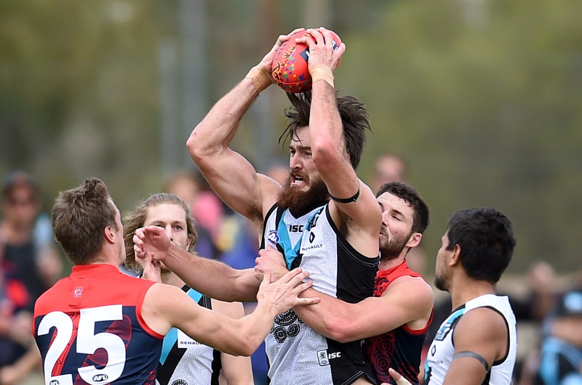 Charlie Dixon of the Port Adelaide Power takes a mark during their Round 10 game against the Melbourne Demons at Tio Traeger Park in Alice Springs, Saturday, May 28, 2016. (AAP Image/Dan Peled) NO ARCHIVING, EDITORIAL USE ONLY