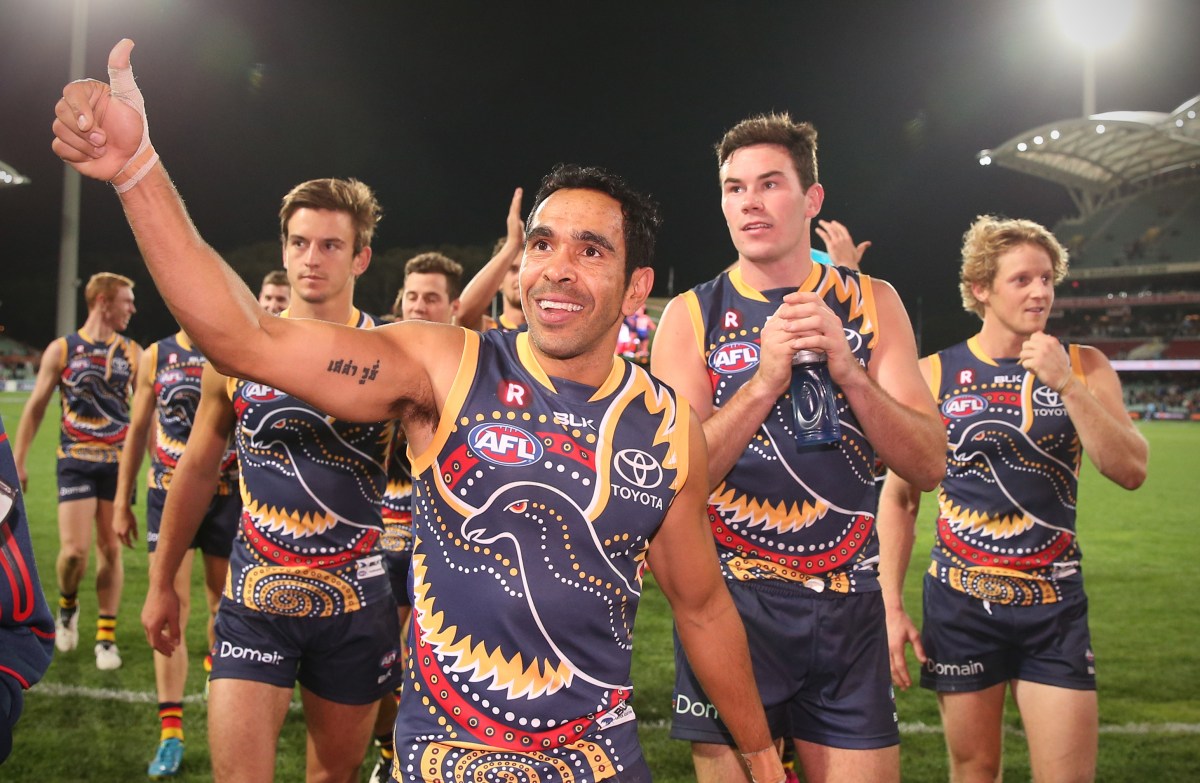 Eddie Betts of the Crows waves to the crowd after his team defeated the Giants during the Round ten AFL match between the Adelaide Crows and the Greater Western Sydney Giants at Adelaide Oval in Adelaide, Saturday, May 28, 2016 (AAP Image/Ben Macmahon) NO ARCHIVING, EDITORIAL USE ONLY