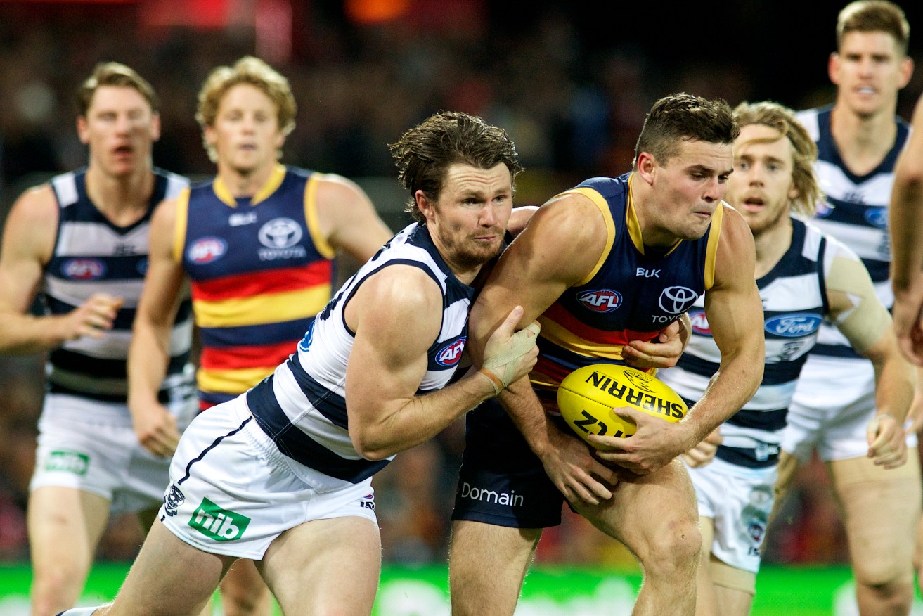 Brad Crouch has been dropped after last week's poor showing against the Cats, and former teammate Patrick Dangerfield. Photo: Michael Errey, InDaily.