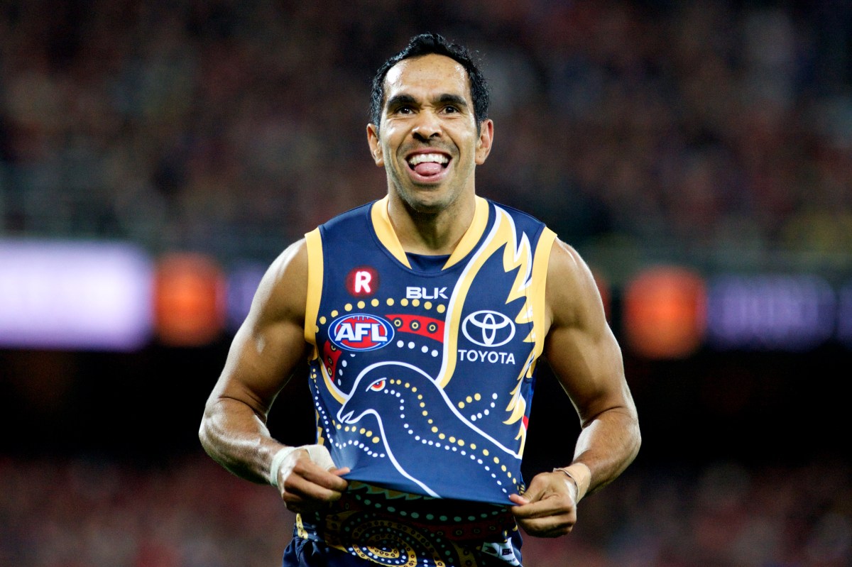 EDDIE! Betts celebrates another probable Goal of the Year by clutching the guernsey designed by his Aunt Susie. The jumper celebrates the 'garnga', or Crow, in Wirangu culture. Photo: Michael Errey, InDaily.