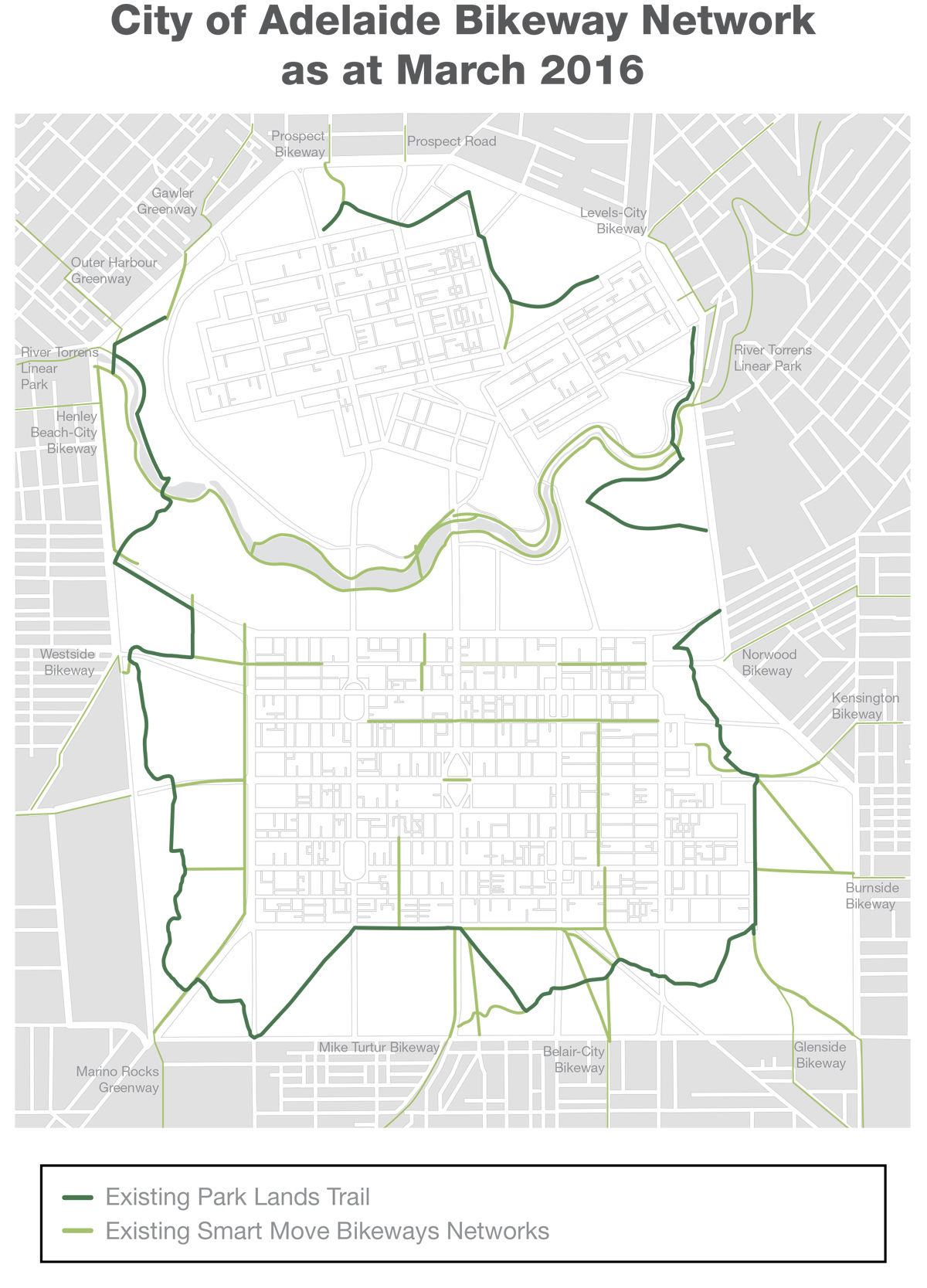 The existing network of bike lanes in the CBD.