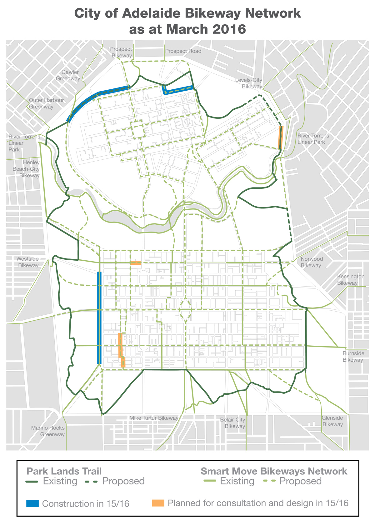 The bike lanes network planned in the city council's Smart Move strategy.