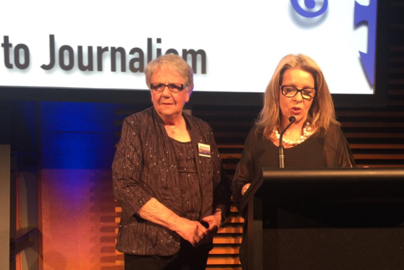 Journalism trailblazer Marg Ralston receiving her hall of fame award from Dana Wortley. Photo: SA Media Awards