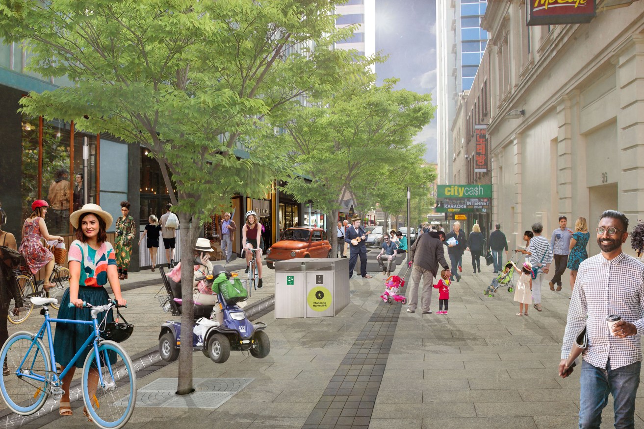 An artist's impression of what Bank Street would look like under a plan to rejuvenate the network of laneways and small streets between Adelaide Central Market and the Torrens. Image supplied