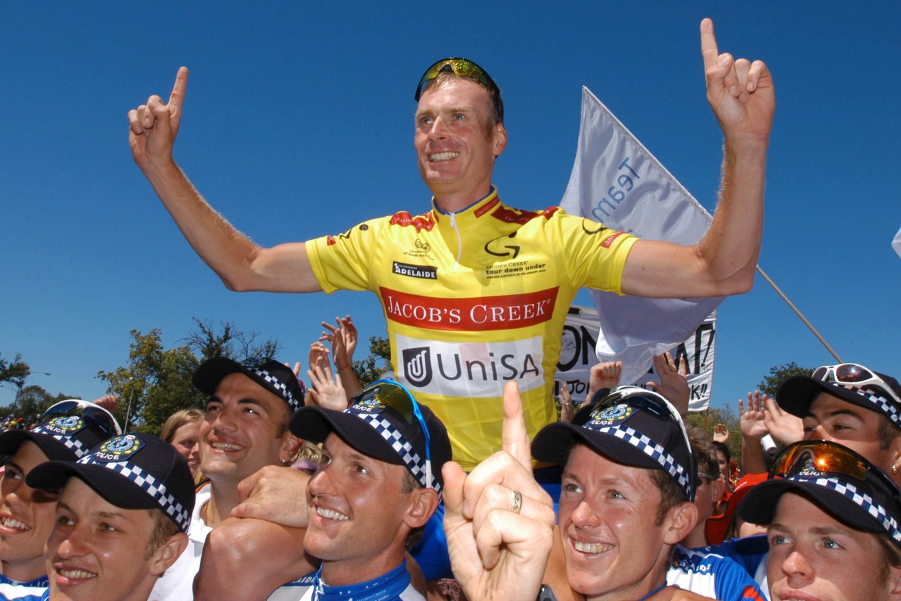 Dutch-born South Australian Patrick Jonker and the UniSA Team celebrate their win at the 2004 Tour Down Under in Adelaide. Photo: Tom Miletic, AAP.