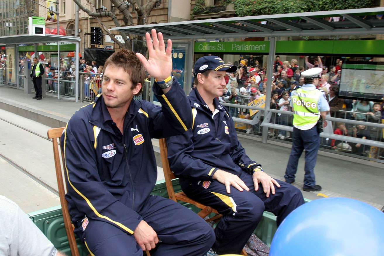 Former West Coast captain Ben Cousins and his then-coach John Worsfold at the 2005 Grand Final parade. Despite returning as an enemy, Worsfold will be honoured by Eagles supporters tonight - but Cousins will not attend. Photo: Shaney Balcombe, AAP.
