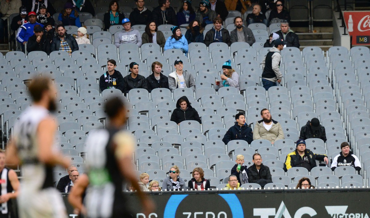A small crowd watches during the Round 11 AFL match between the Collingwood Magpies and the Port Adelaide Power at the MCG in Melbourne, Sunday June 5, 2016. (AAP Image/Mal Fairclough) NO ARCHIVING, EDITORIAL USE ONLY