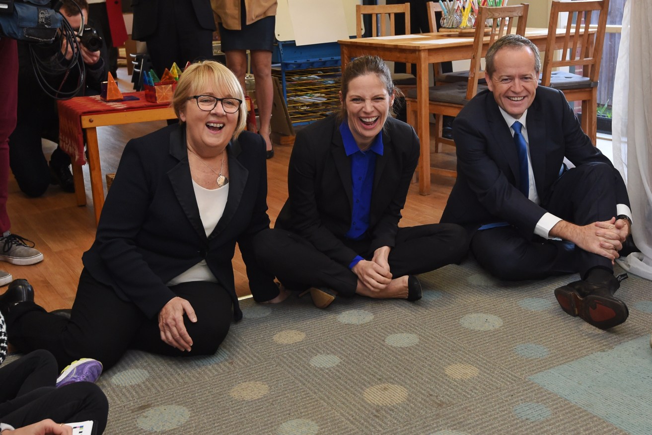Bill Shorten and Labor frontbenchers Jenny Macklin (left) and Kate Ellis (centre) visit a Melbourne childcare centre this week. Photo: AAP/Mick Tsikas