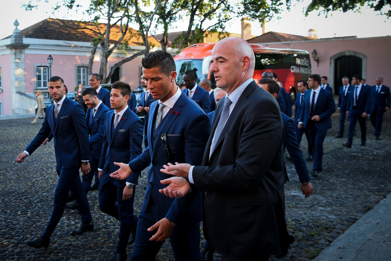 FIFA President Gianni Infantino with Portugal's National Soccer Team captain Cristiano Ronaldo in Lisbon to publicise the upcoming UEFA Euro 2016 soccer championships in France. Photo: JOSE SENA GOULAO, EPA.