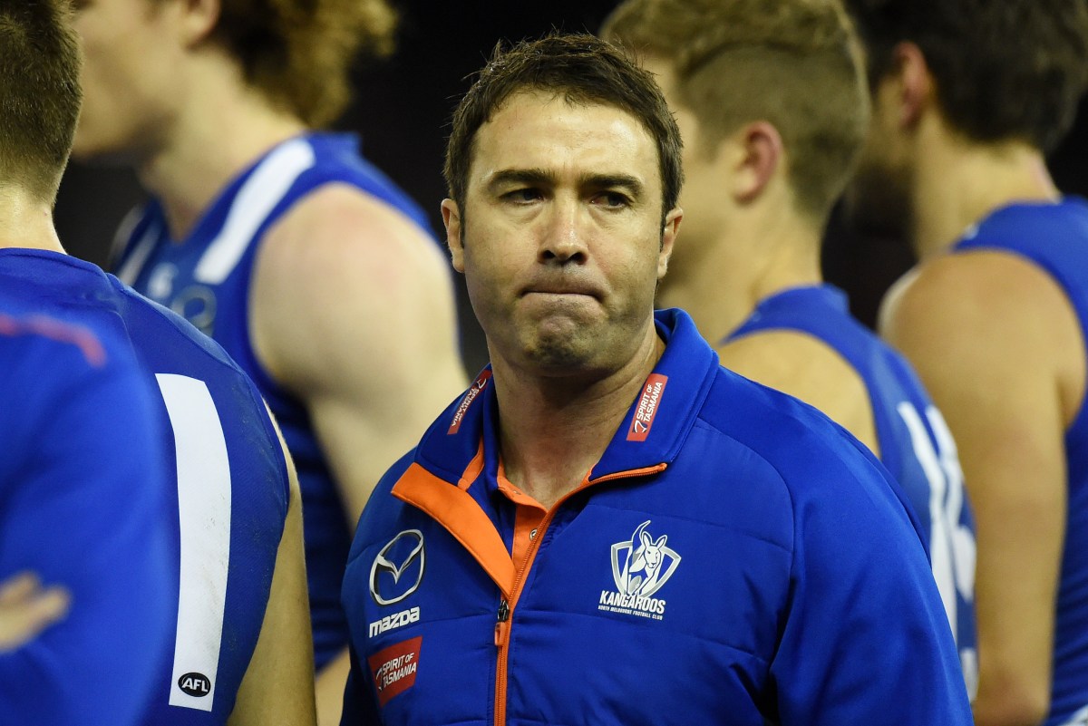 Brad Scott of the Kangaroos after the first quarter during the round 12 Geelong Cats and North Melbourne Kangaroos match at Etihad Stadium in Melbourne, Saturday, June, 11, 2016. (AAP Image/Tracey Nearmy) NO ARCHIVING, EDITORIAL USE ONLY