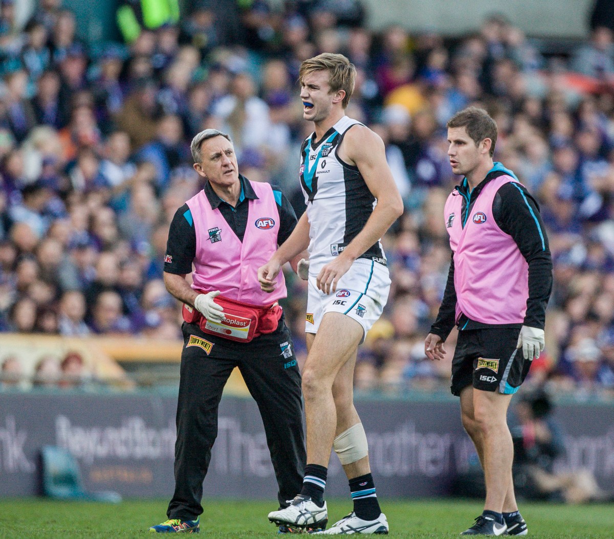 Dougal Howard of Port Adelaide is injured during the Round 13 AFL match between the Fremantle Dockers and Port Adelaide at the Domain Stadium in Perth, Saturday, June 18, 2016.The Dockers won the match 86-69.(AAP Image/Tony McDonough) NO ARCHIVING, EDITORIAL USE ONLY