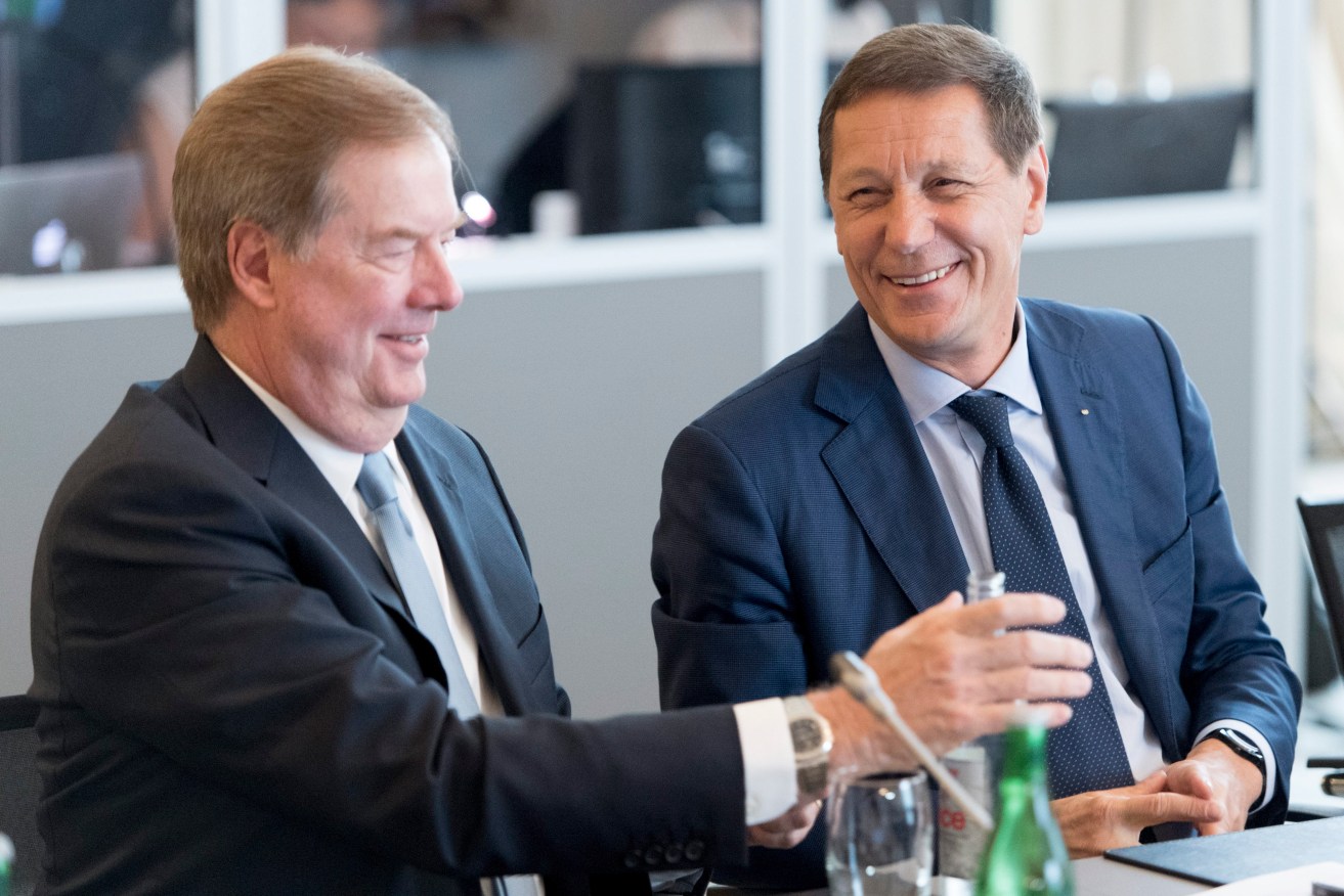 President of the Russian Olympic Committee Alexander Zhukov (right), speaks with the United States Olympic Committee (USOC) President Larry Probst during the opening of the Olympic Summit of the International Olympic Committee in Lausanne, Switzerland. Photo: LAURENT GILLIERON, EPA.