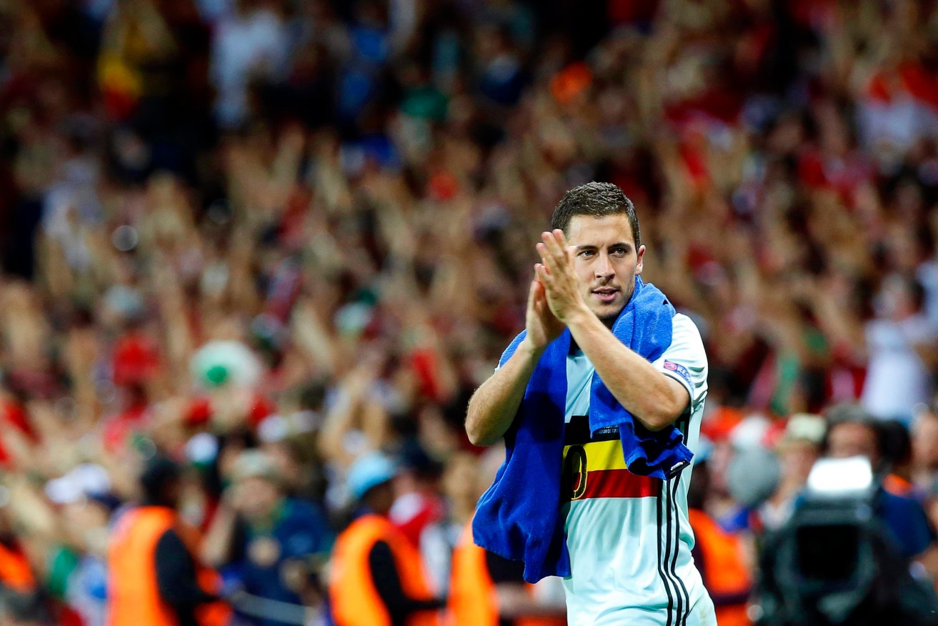 Belgium's Eden Hazard applauds fans after putting Hungary to the sword. Photo: RUNGROJ YONGRIT, EPA.