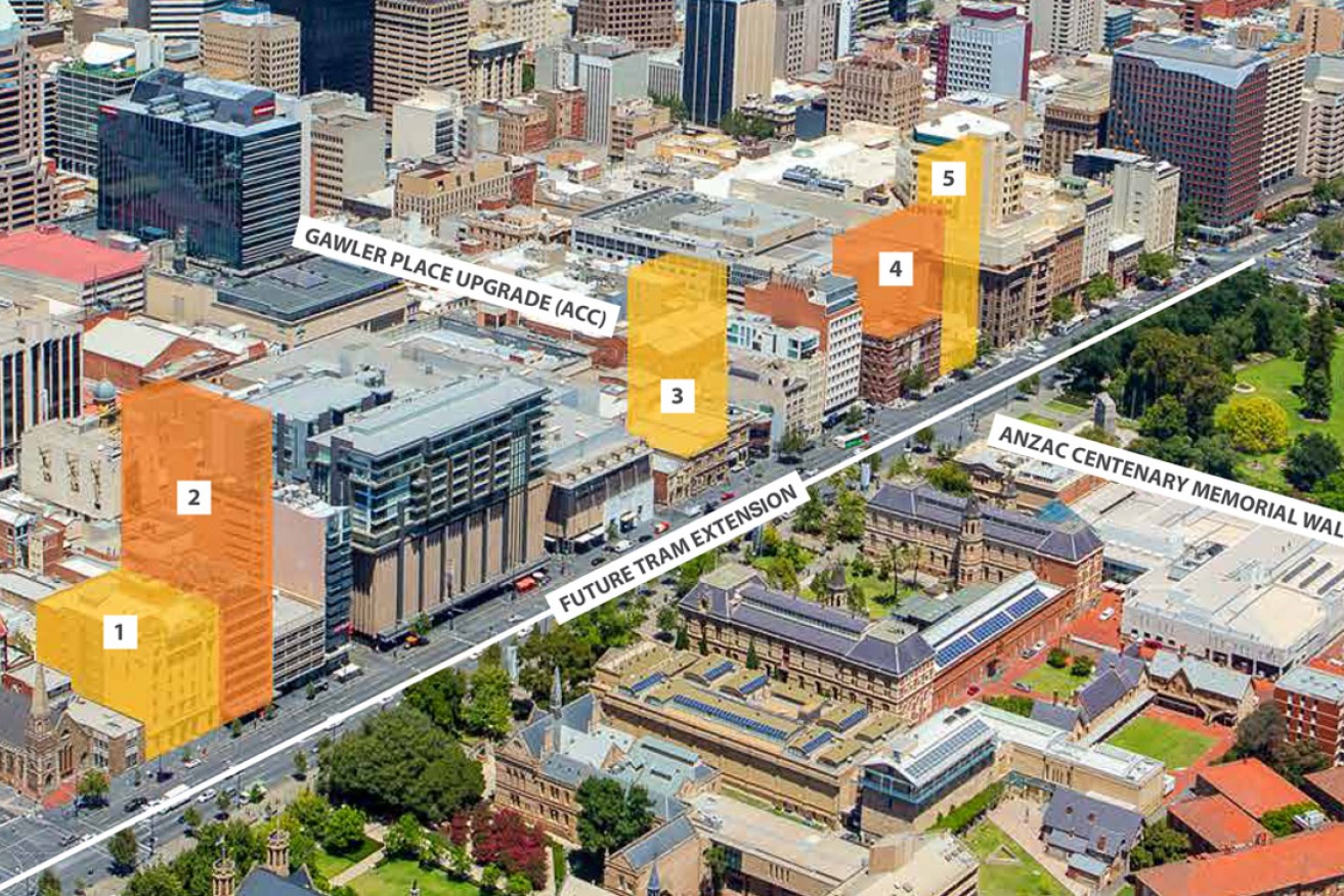 Buildings that already have development approval  - Australian Fashion Labels, Urbanest Adelaide Central, 203 North Terrace, Gawler Chambers and the Queen Adelaide Club. Image: supplied.