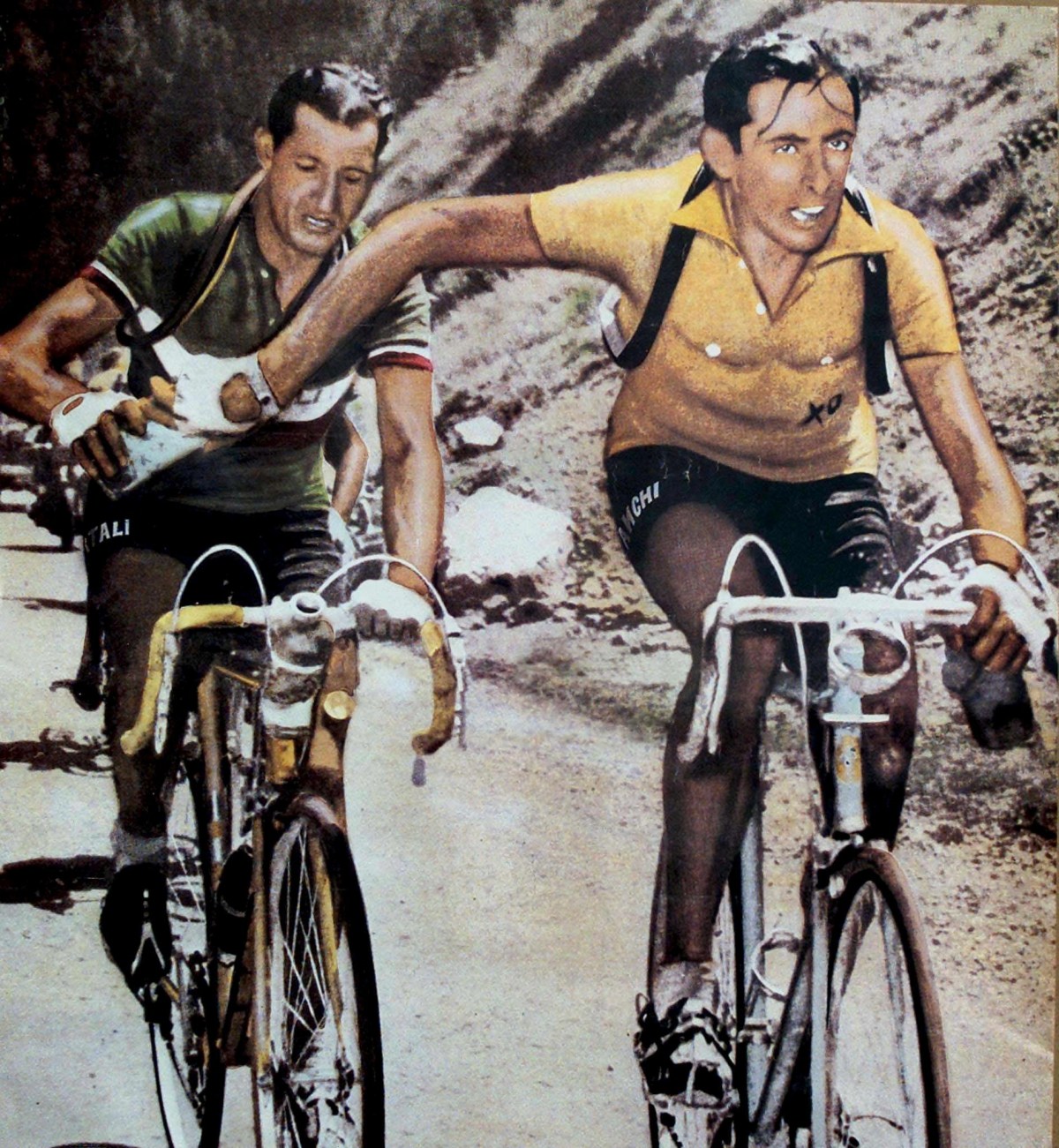 The famous photograph showing the passing-over of a water bottle between Italian cyclists Gino Bartali (L) and Fausto Coppi, who were rivals, during a stage of the Tour de France of 1949. Photo: AAP/EPA/ANSA