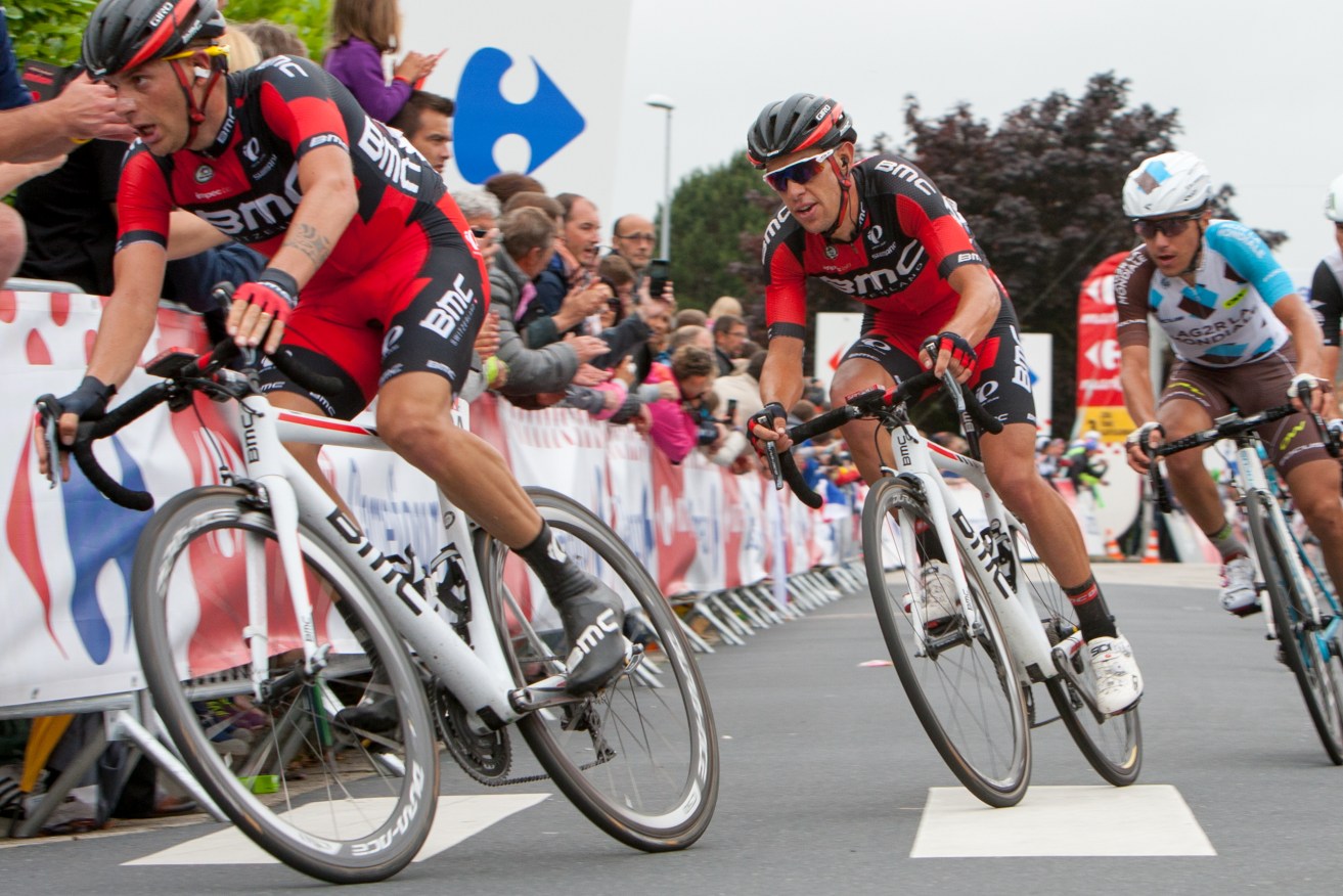 Damiano Caruso leads Richie Porte over the final climb on the way to the finish in Cherbourg.