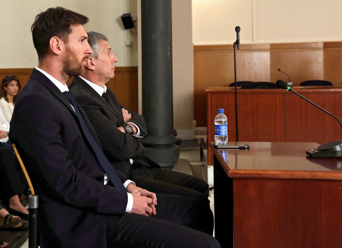 epa05410222 (FILE) A file picture dated on 02 June 2016 shows FC Barcelona's soccer player Lionel Messi (L) and his father Jorge Horacio Messi (R) attending a session of their trial in Barcelona, Spain, 02 June 2016. A court on 06 July 2016 convicted Messi and his fathers to 21 months in prison on tax charges.  EPA/ALBERTO ESTEVEZ / POOL