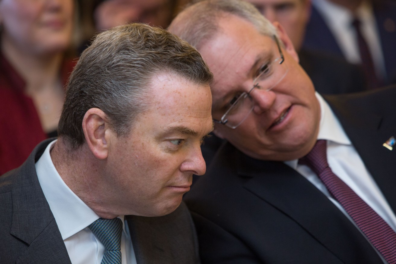 Christopher Pyne and Scott Morrison at the ministerial "swearing-in" at Government House in Canberra yesterday. Photo: Andrew Taylor, AAP.