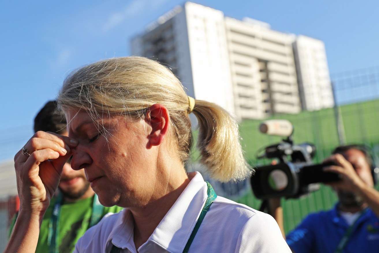 Australia's chef de mission Kitty Chiller after speaking to media in Rio outside the Olympic Village. Photo: Daniel Ramalho, AGIF via AP.