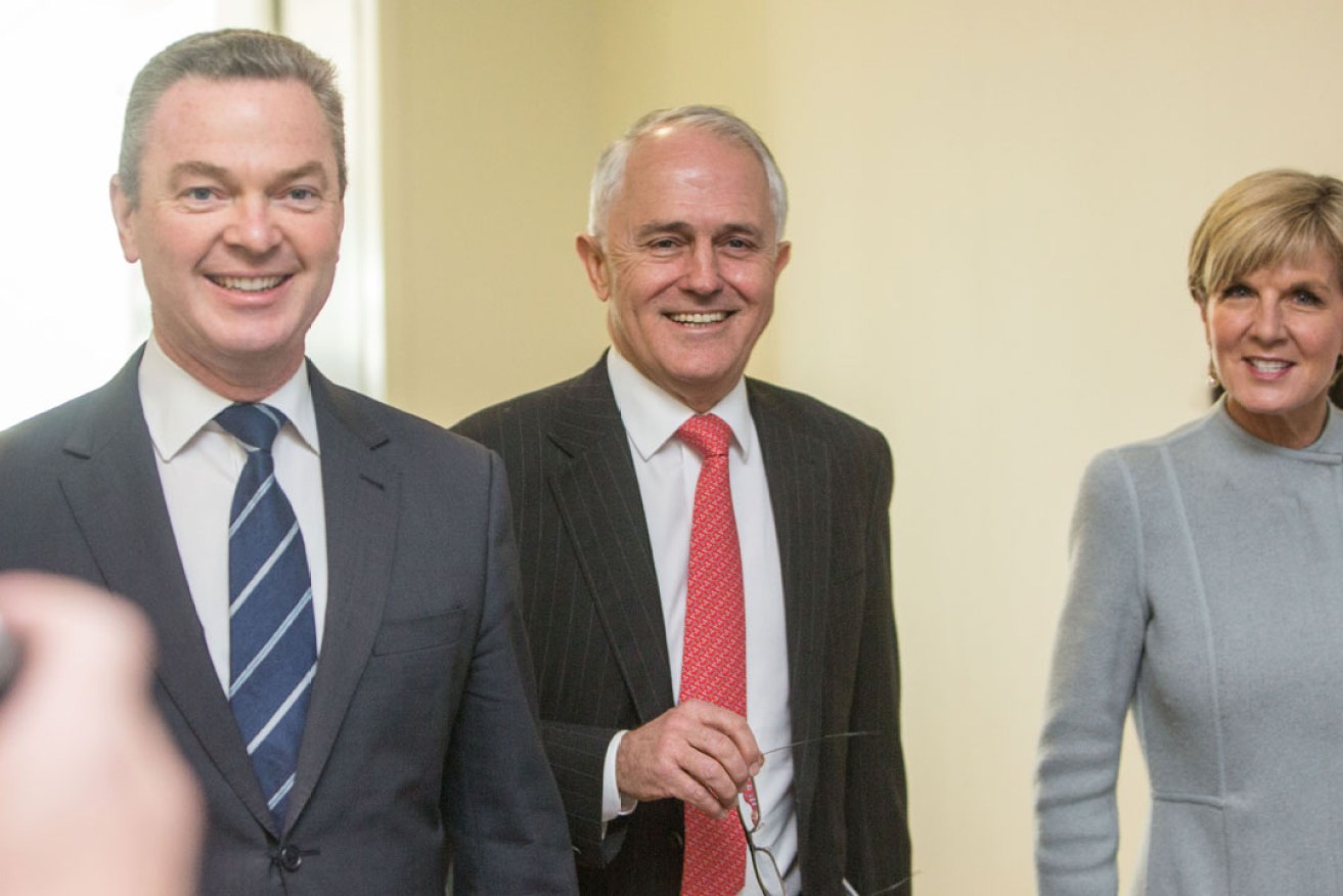 New Defence Industry Minister Christopher Pyne with Malcolm Turnbull and Julie Bishop at yesterday's Coalition party-room meeting. Photo: AAP