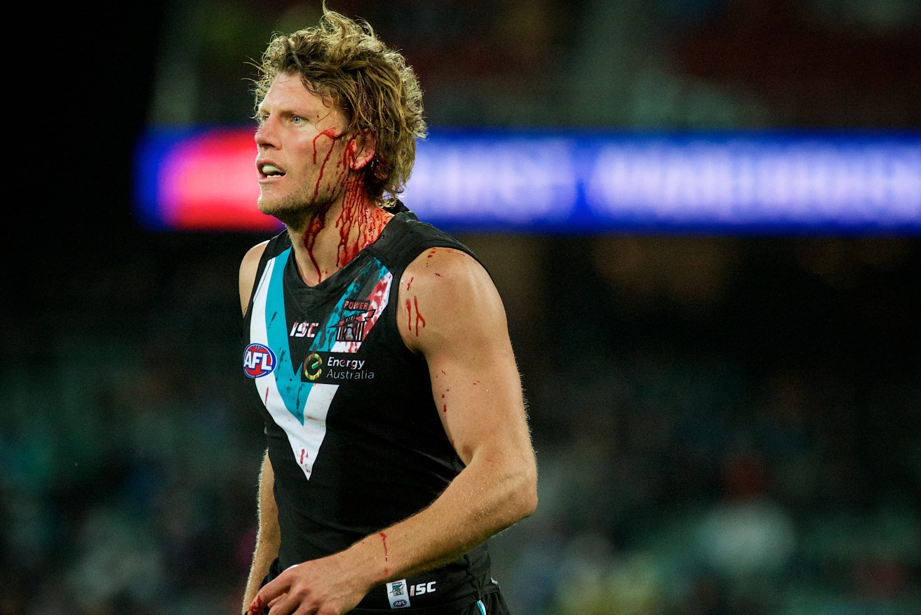 Despite copping a telling blow to the head, Brad Ebert was a rare shining light for Port. Photo: Michael Errey, InDaily.