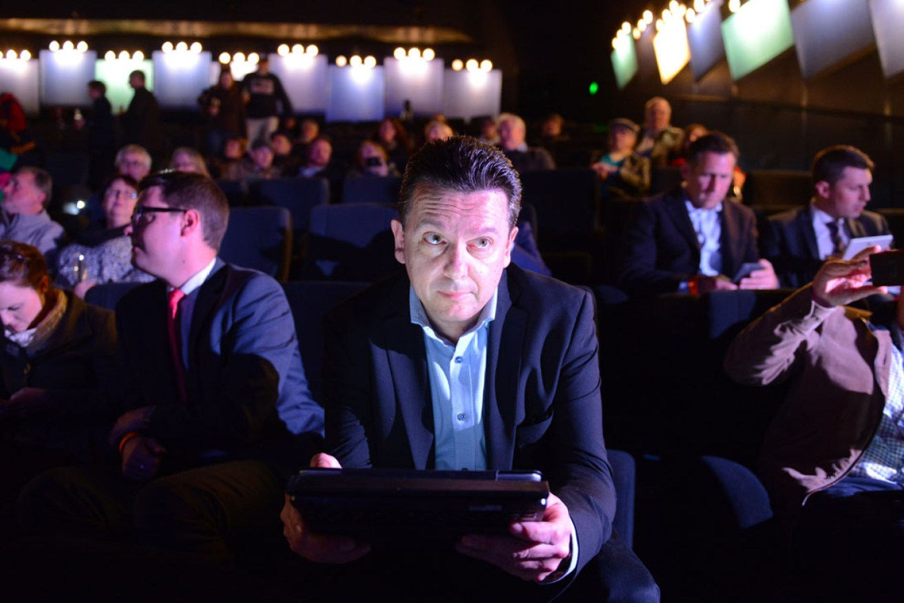 Nick Xenophon at his team's post-election party at the Palace Nova Cinema. Photo: AAP