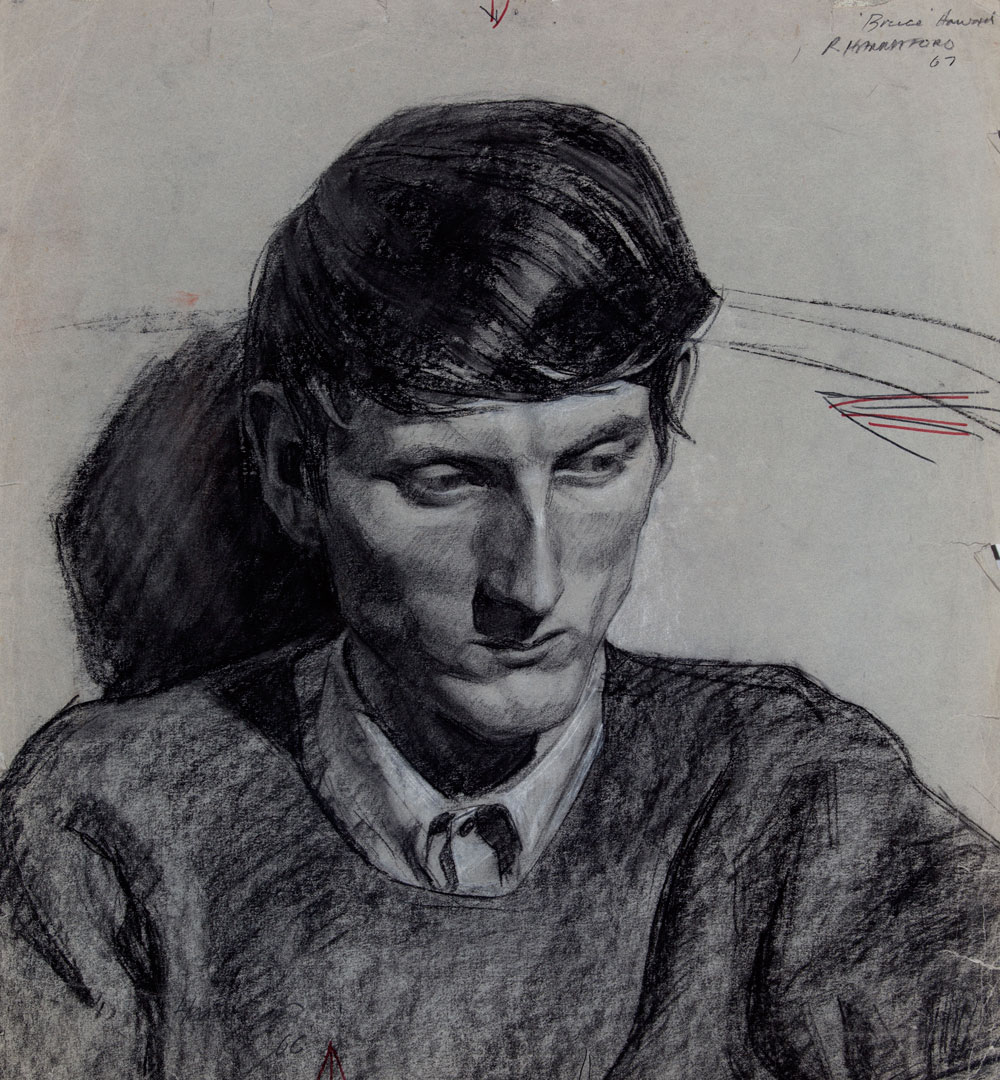Robert Hannaford, Australia, born 1944, Bruce Howard, 1967, charcoal & white chalk, pencil on paper, 50.0 x 46.0 cm; Private collection, courtesy of the artist.
