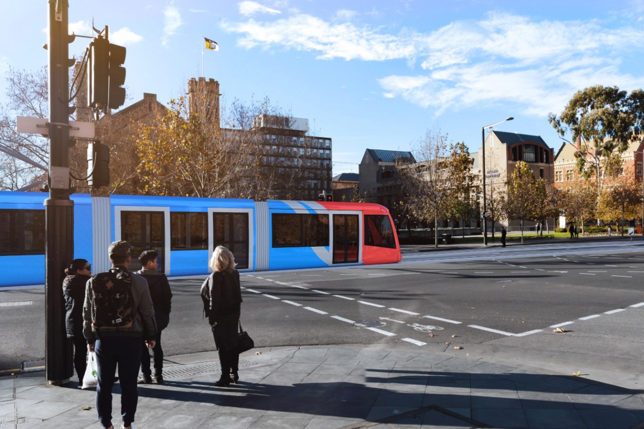 A rendering of a tram taking passengers along North Terrace - a sight which has remained elusive both the Weatherill and Marshall Governments. 
