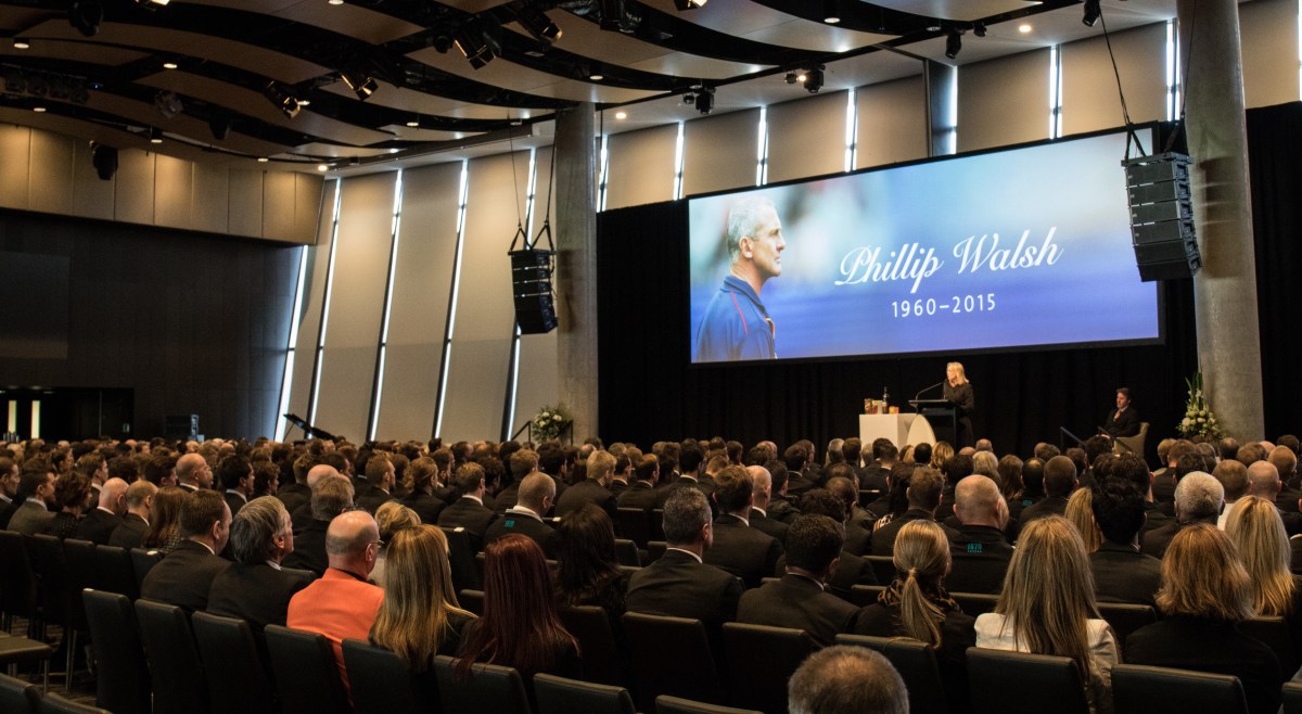Supplied image of the memorial service celebrating the life of Adelaide Crows coach Phil Walsh in Adelaide on Wednesday, July 15, 2015. (AAP Image/Adelaide Crows) NO ARCHIVING, EDITORIAL USE ONLY