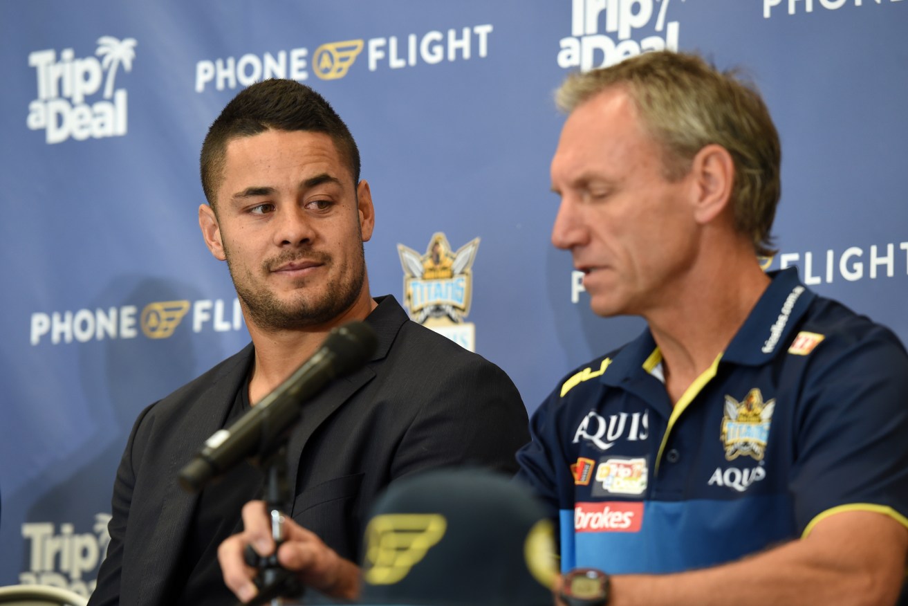 Former Parramatta Eels NRL player Jarryd Hayne with his new coach Neil Henry at a press conference on the Gold Coast. Photo: Dan Peled / AAP.