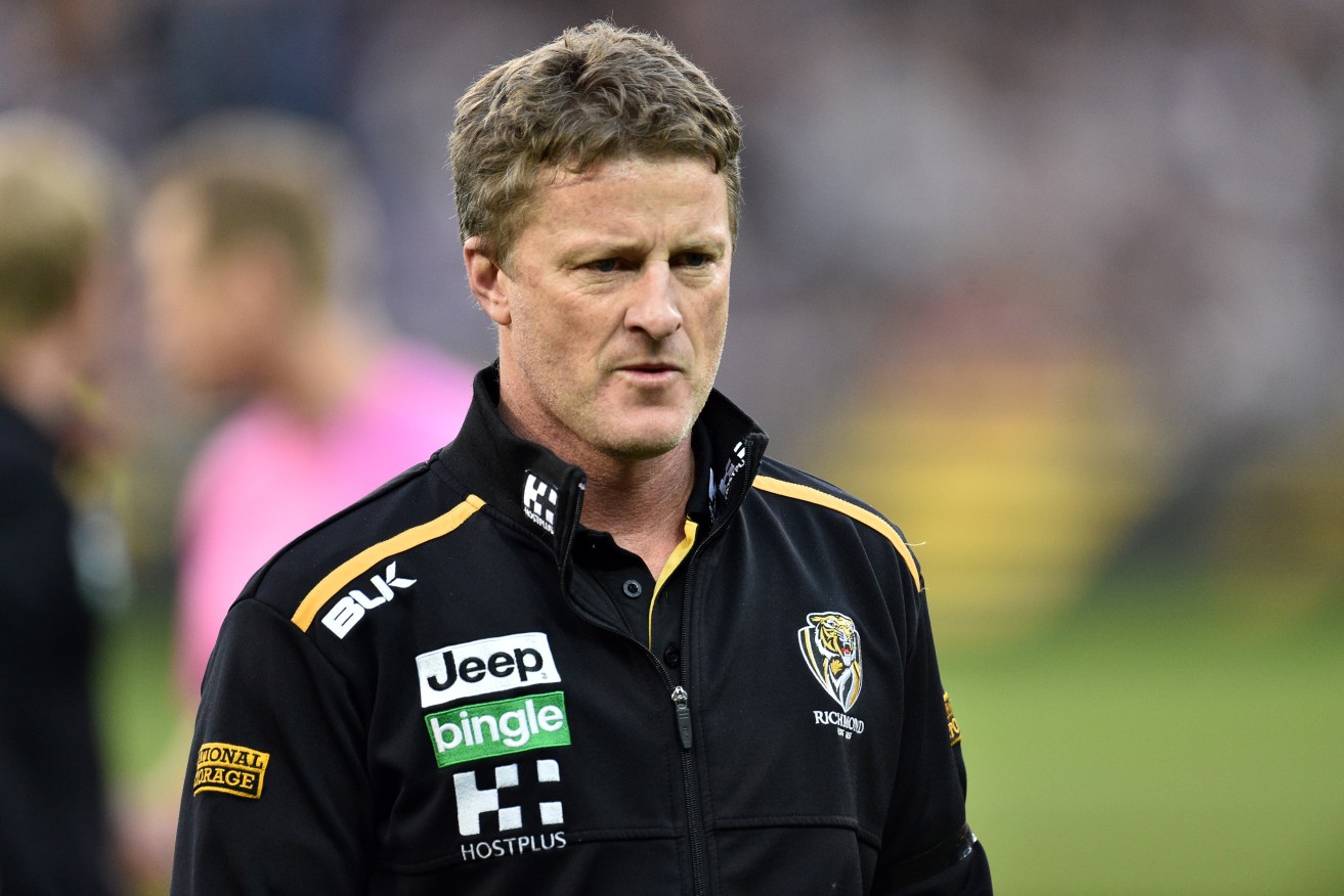Damien Hardwick during Sunday's loss to Geelong, in which Richmond dominated for three quarters. Photo: Julian Smith, AAP.