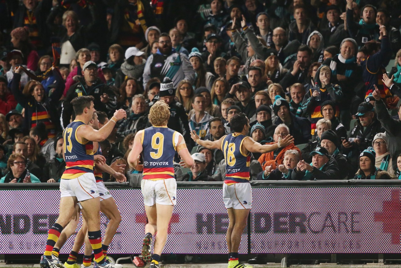 Eddie Betts reacts after kicking his fifth, match-sealing goal - moments before the now-infamous banana-throwing incident. Photo: Ben Macmahon, AAP.