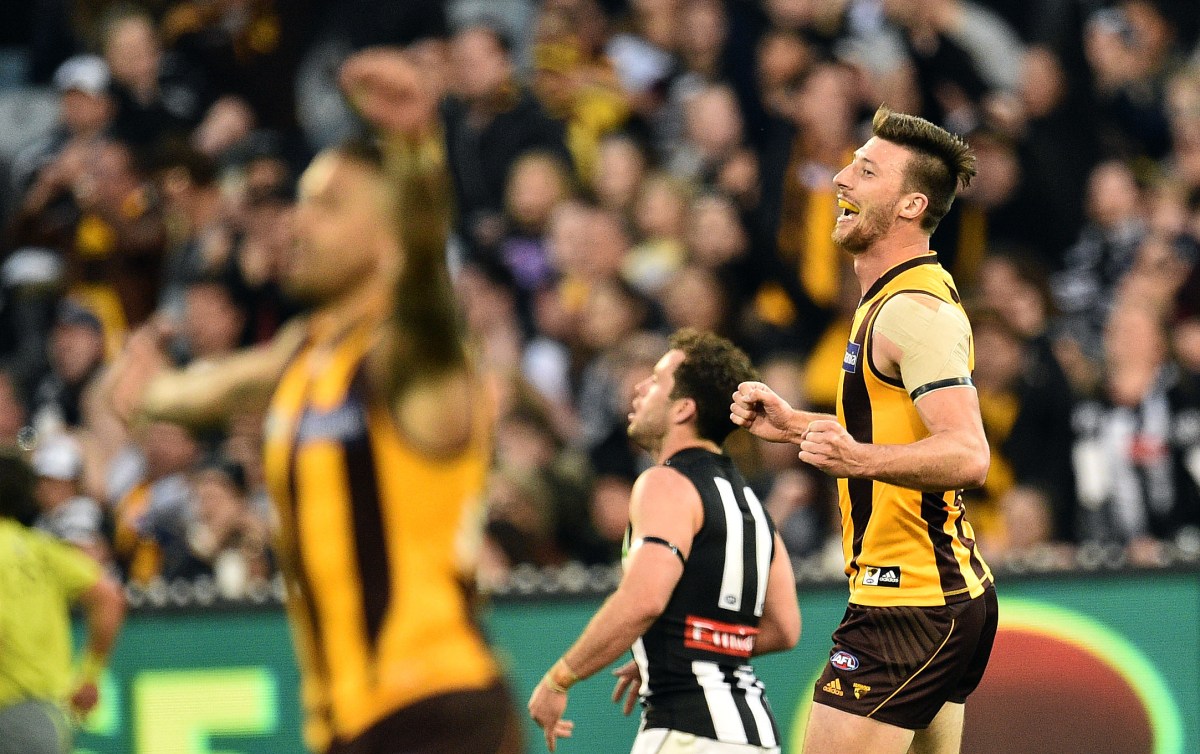 Jack Fitzpatrick of the Hawks (right) reacts after the siren during the Round 23 AFL match between the Hawthorn Hawks and the Collingwood Magpies at the MCG in Melbourne, Sunday, Aug. 28, 2016. (AAP Image/Julian Smith) NO ARCHIVING, EDITORIAL USE ONLY