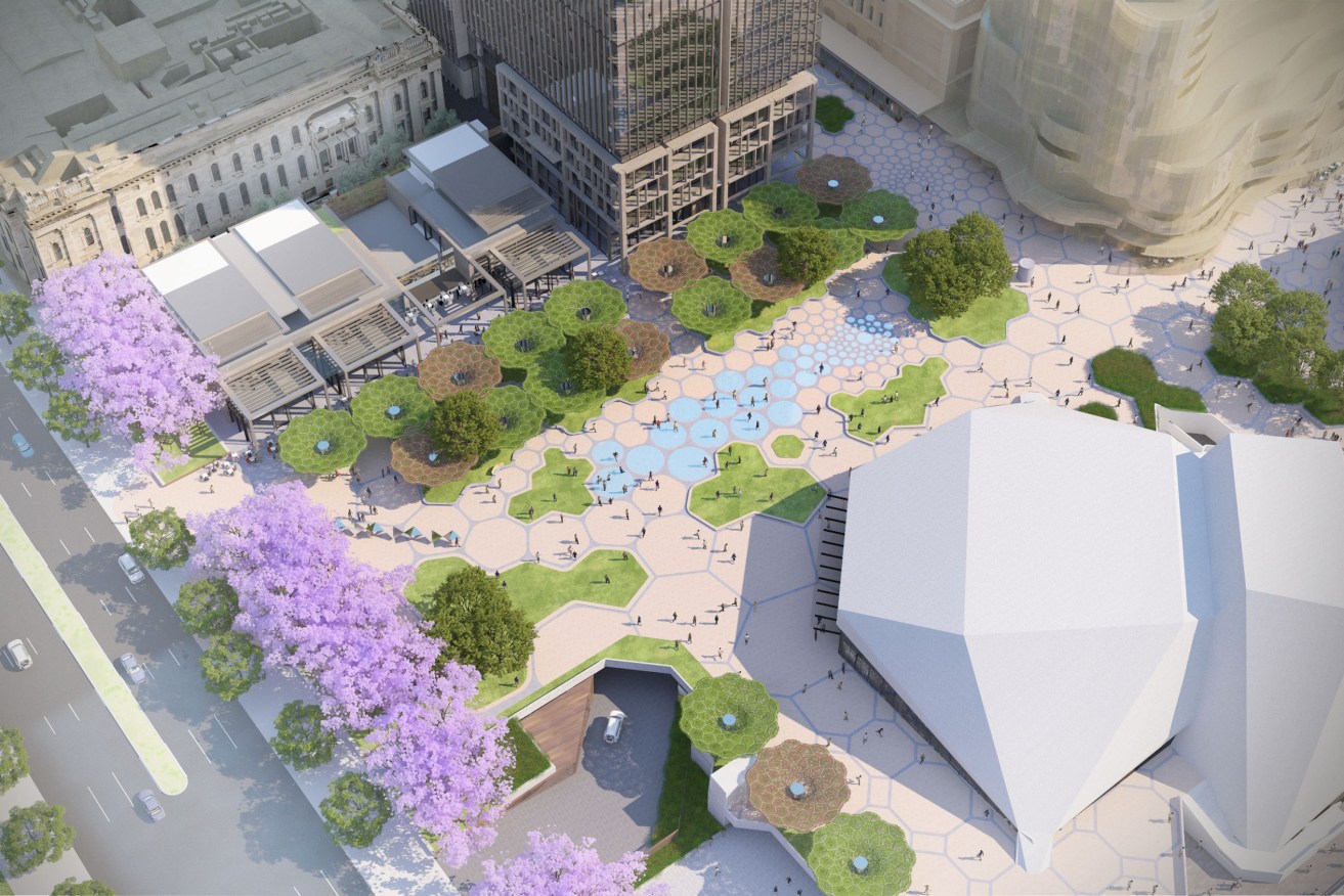 State Government images showing the concepts for the revamped plaza and the Walker office building (top right).