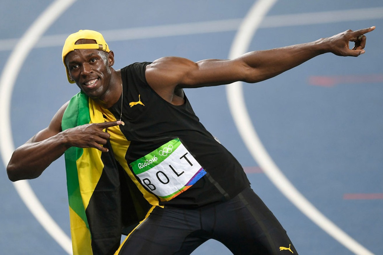 Jamaica's Usain Bolt celebrates winning the men's 100m final at Rio. Photo: AAP