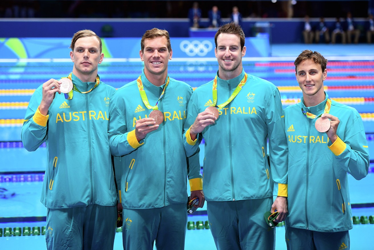 Australian swimming team members Kyle Chalmers, James Roberts, James Magnussen and Cameron McEvoy pose with their bronze medals after the 4x100 Freestyle Relay was won by the United States team consisting of Caeleb Dressel, Michael Phelps, Ryan Held and Nathan Adrian. Photo: AAP.