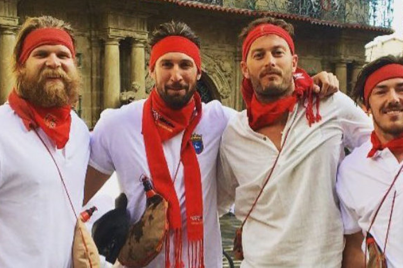 Banned Essendon star Michael Hurley, with fellow ousted teammates Cale Hooker, Tom Bellchambers and Michael Hibberd, attending last month's Running Of The Bulls in Spain. Photo: Twitter.