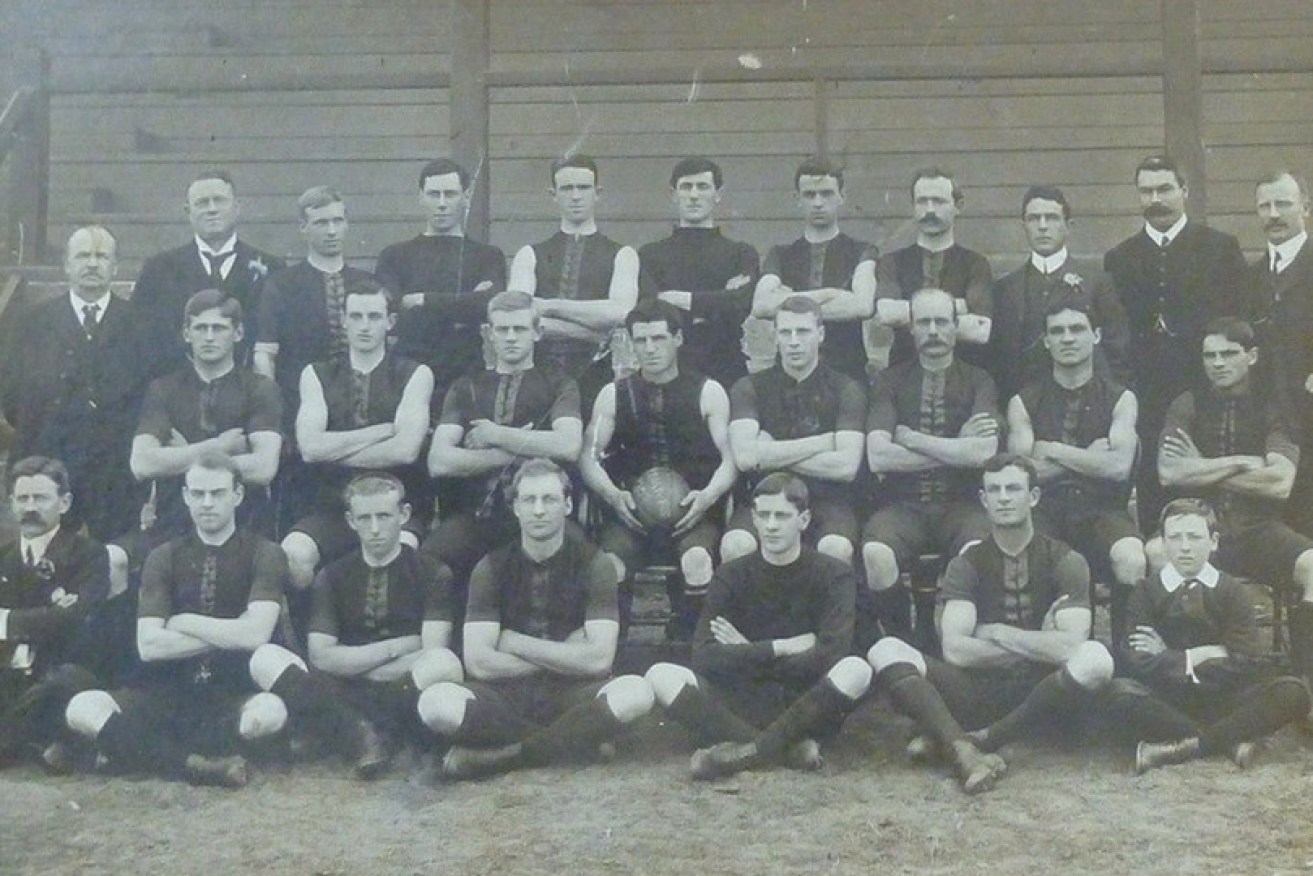 The Norwood Football Club's 1907 team, SA premiers and champions of the Commonwealth. Among its notable players is future BHP mining magnate Essington Lewis (second row, third from left).