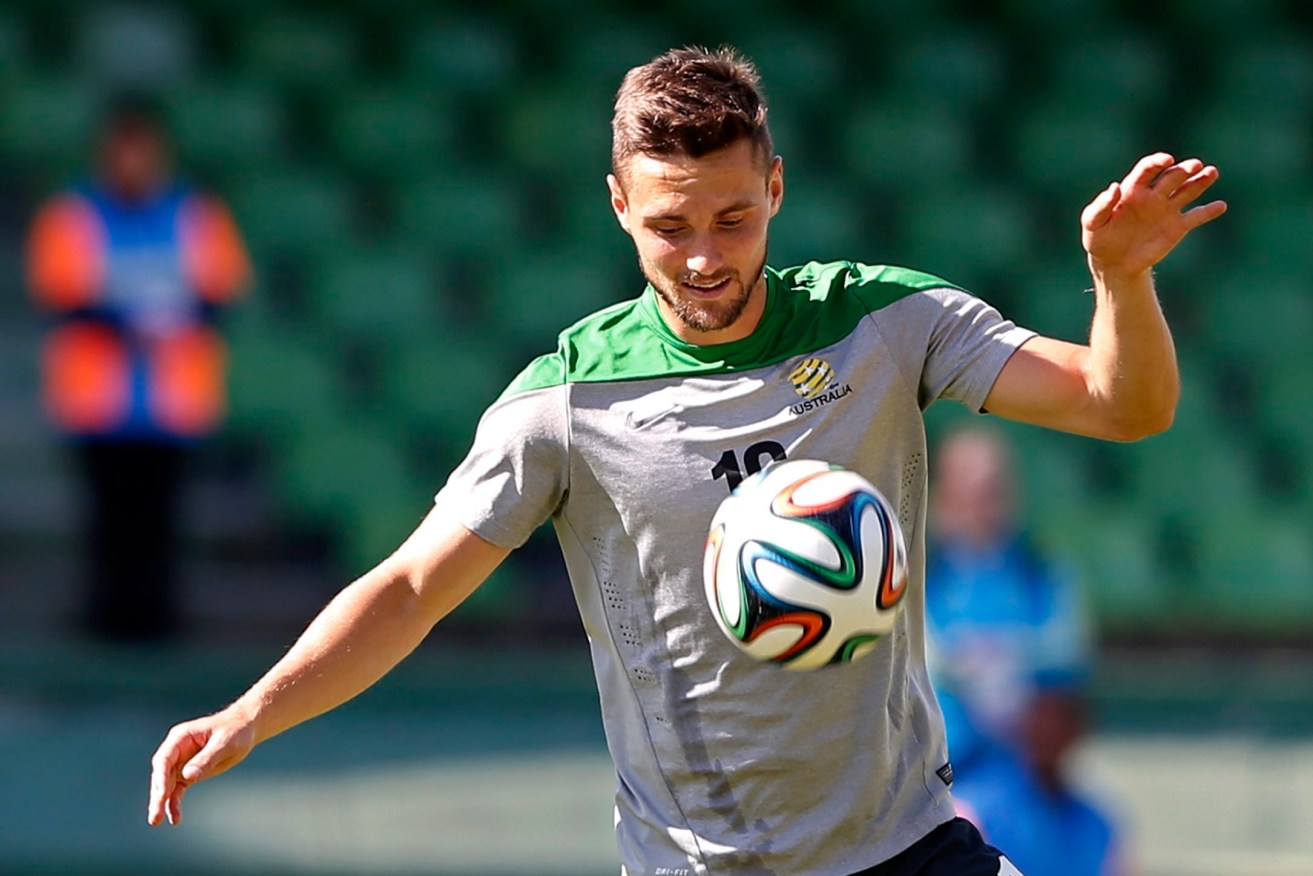 James Holland training with the Socceroos in Spain. Photo: RUNGROJ YONGRIT / EPA