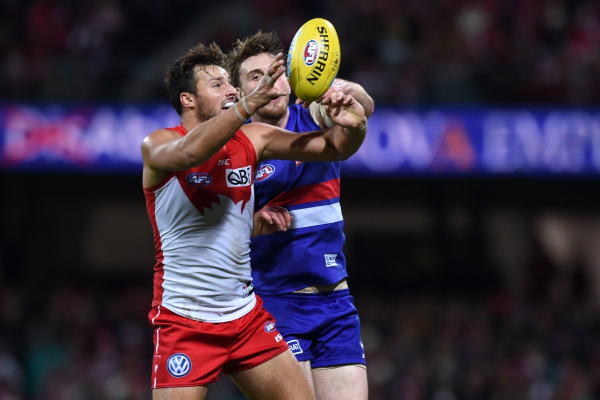 Toby Nankervis (left) of the Swans competes for the ball with Jordan Roughead of the Bulldogs during the round 15 AFL match between the Sydney Swans and the Western Bulldogs at Sydney Cricket Ground in Sydney on Saturday, July 2, 2016. (AAP Image/Paul Miller) NO ARCHIVING, EDITORIAL USE ONLY