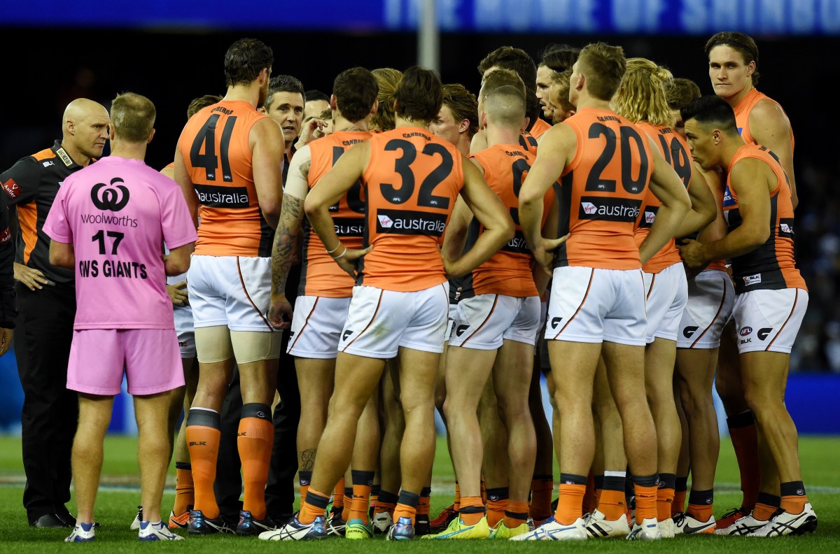 Coach Leon Cameron of the Giants speaks to the team during their round 23 AFL match between the North Melbourne Kangaroos and the Greater Western Sydney Giants at Etihad Stadium on Friday, Aug. 27, 2016. (AAP Image/Tracey Nearmy) NO ARCHIVING, EDITORIAL USE ONLY