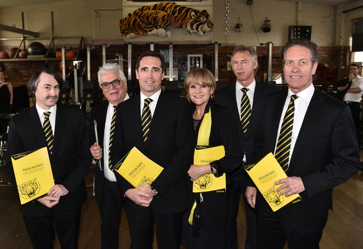 (L-R) Philip Allison, David Marsh, Martin Hiscock, Margaret Kearney, Bryan Wood and Brude Monteith are seen at Leo Berry's Richmond Boxing Gym in Melbourne, Monday, Sep 5, 2016. The group of business people and former players have launched a take over bid of the current Richmond Football Club board. (AAP Image/Julian Smith) NO ARCHIVING